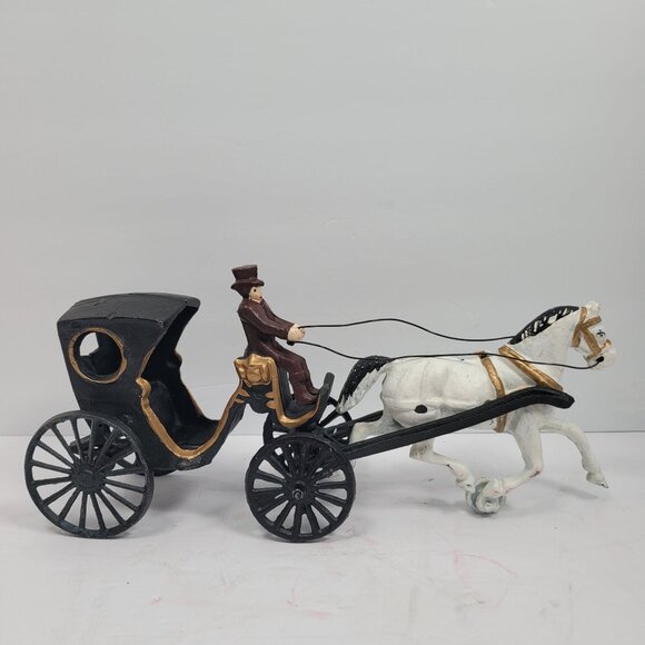 Vintage Cast Iron Horse Drawn Carriage Hand Painted Collectible with Figurine - Picture 1 of 12